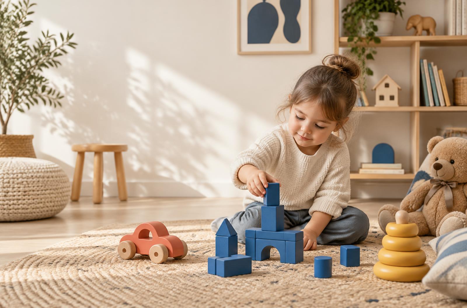 A child building a city with wooden toys in a bright modern playroom